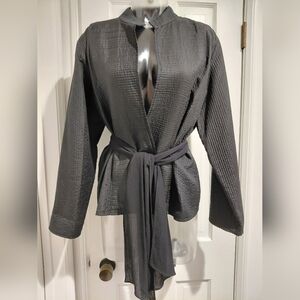 Eileen Fisher Gray Silk Textured Sashed Jacket XL